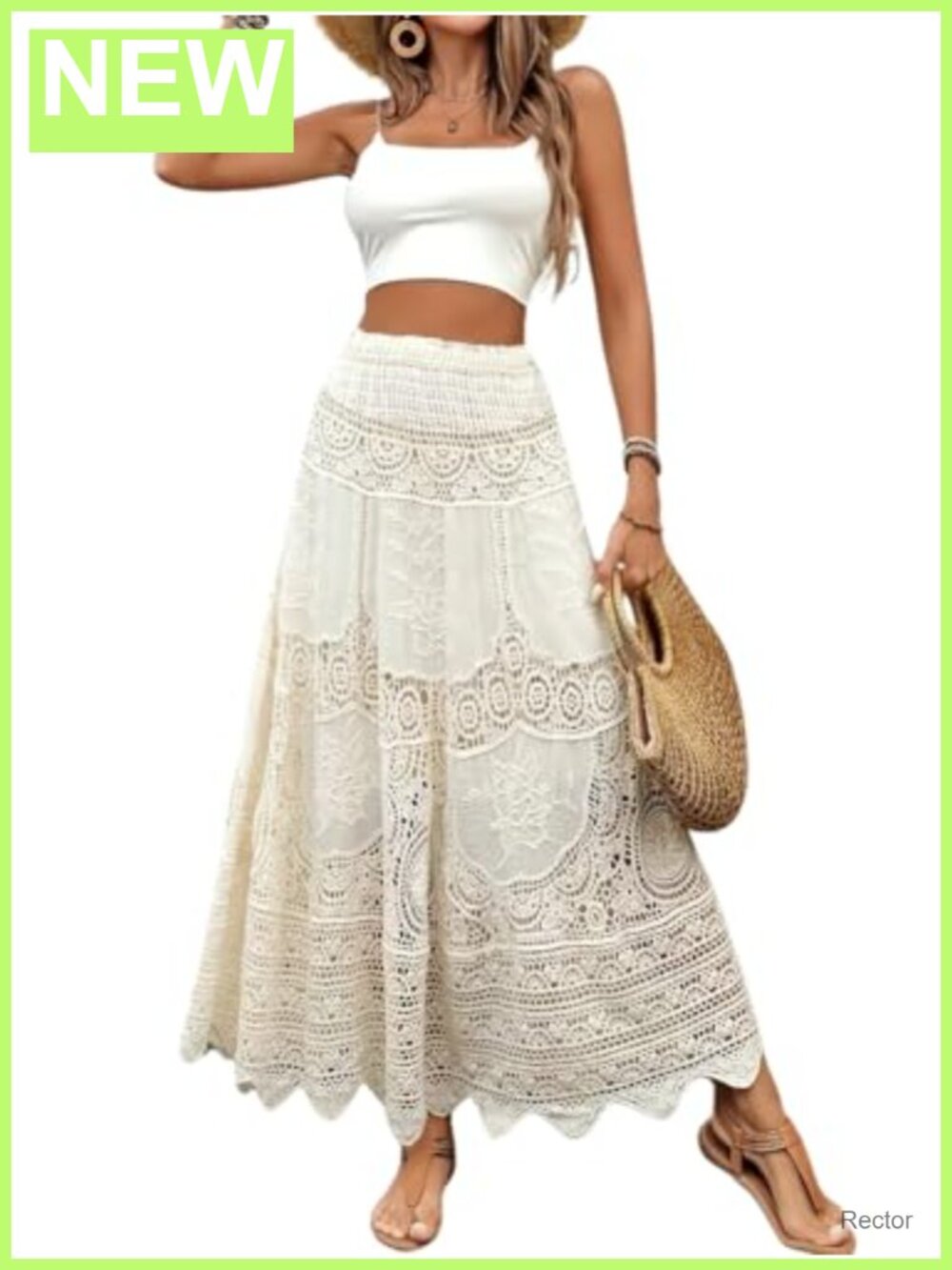 Floral Embroidered Knit Lace Crochet Elastic Waist Flared Maxi Skirt